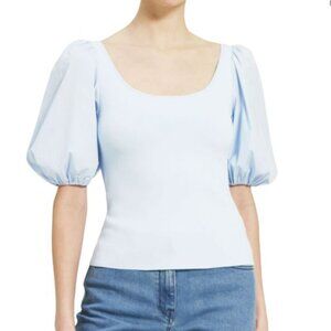 Theory Glosse Puff Sleeve Scoop Neck Light Blue Stretch Top